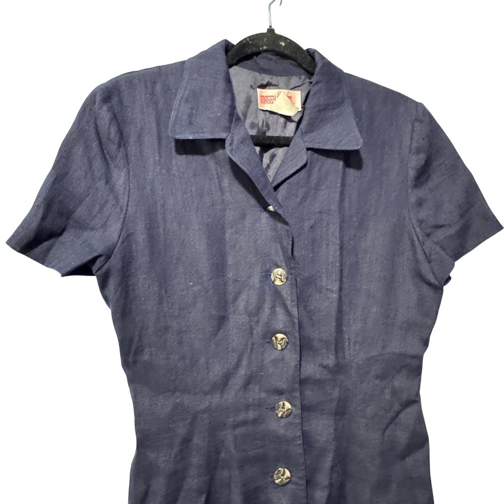 Maggy London Vintage Navy Blue Linen Blend Button Front Midi Dress Womens 8